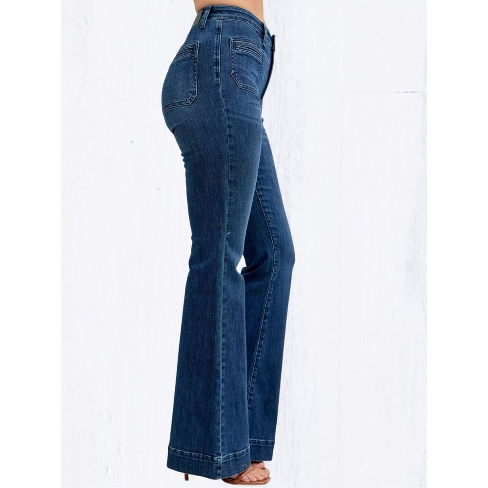 Judy Blue High Rise Flare Jeans Dark Wash Tummy Control Stretch Patch Pocket NEW - Picture 9 of 11